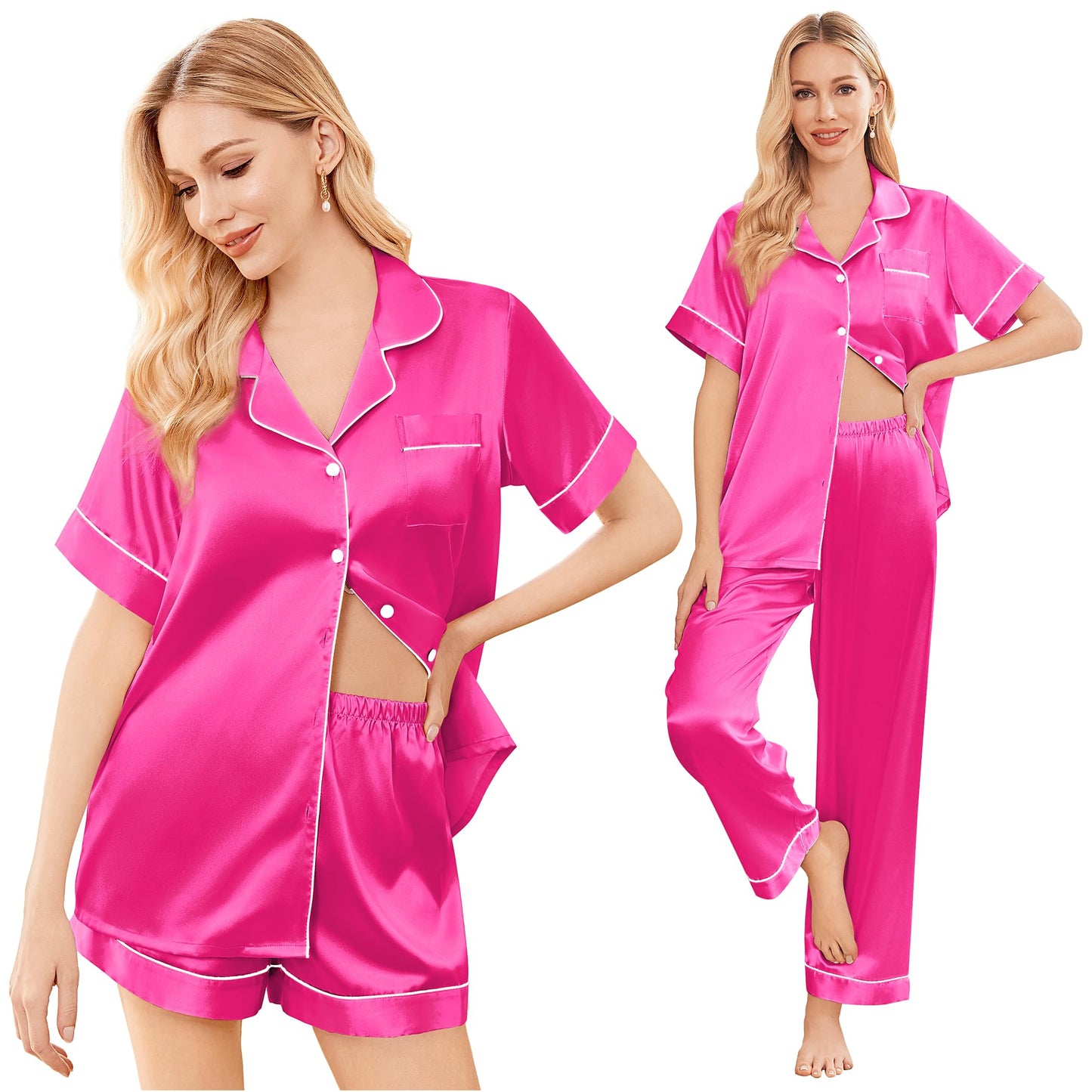 Ekouaer Silk Pajamas for Women Set Satin Pjs Soft Short Sleeve Button Down Sleepwear 3 Piece Loungewear S-XXL