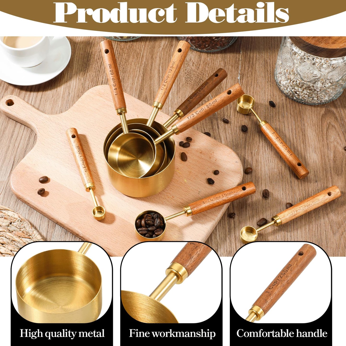 SHENLIU 8 Pcs Gold Measuring Cups and Spoons Set, Black Stainless Steel Measurings Cups with Wooden Handle, Metal Measuring Spoons and Measurings Cup Set for Kitchen Cooking Baking