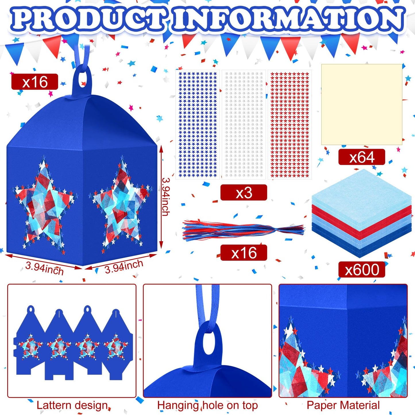 Maitys 16 Sets 4th of July Patriotic Hanging Paper Lantern Craft Kit, 250th Anniversary Red Blue DIY Lantern Ornaments with Stars Design for Independence Day Home Party Decorations