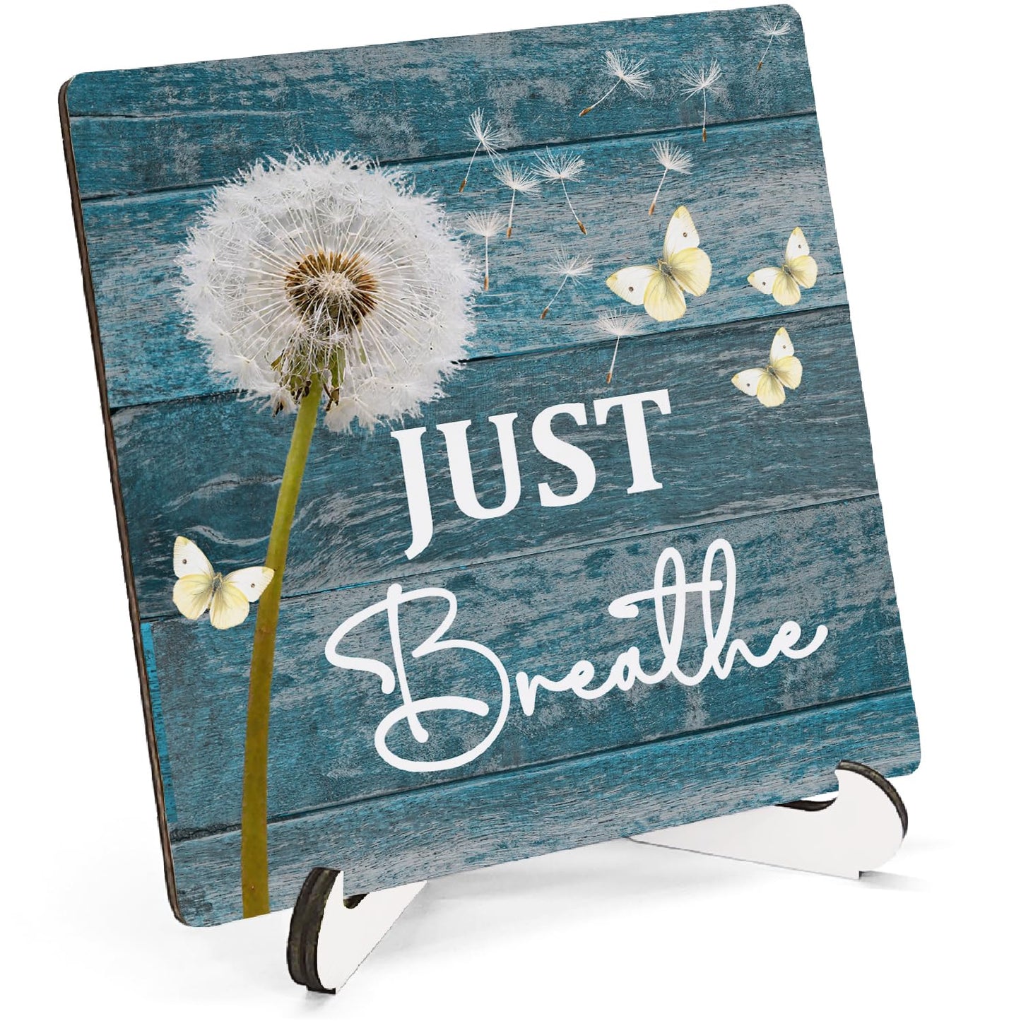 HSIASHENG Just Breathe Wooden Decor 5"X5", Just Breath Wooden Desk Table Sign for Home Office Restroom Living Room Bathroom, Funny Quote Decorative Gifts for Man Woman Friends (5x5 Inch)