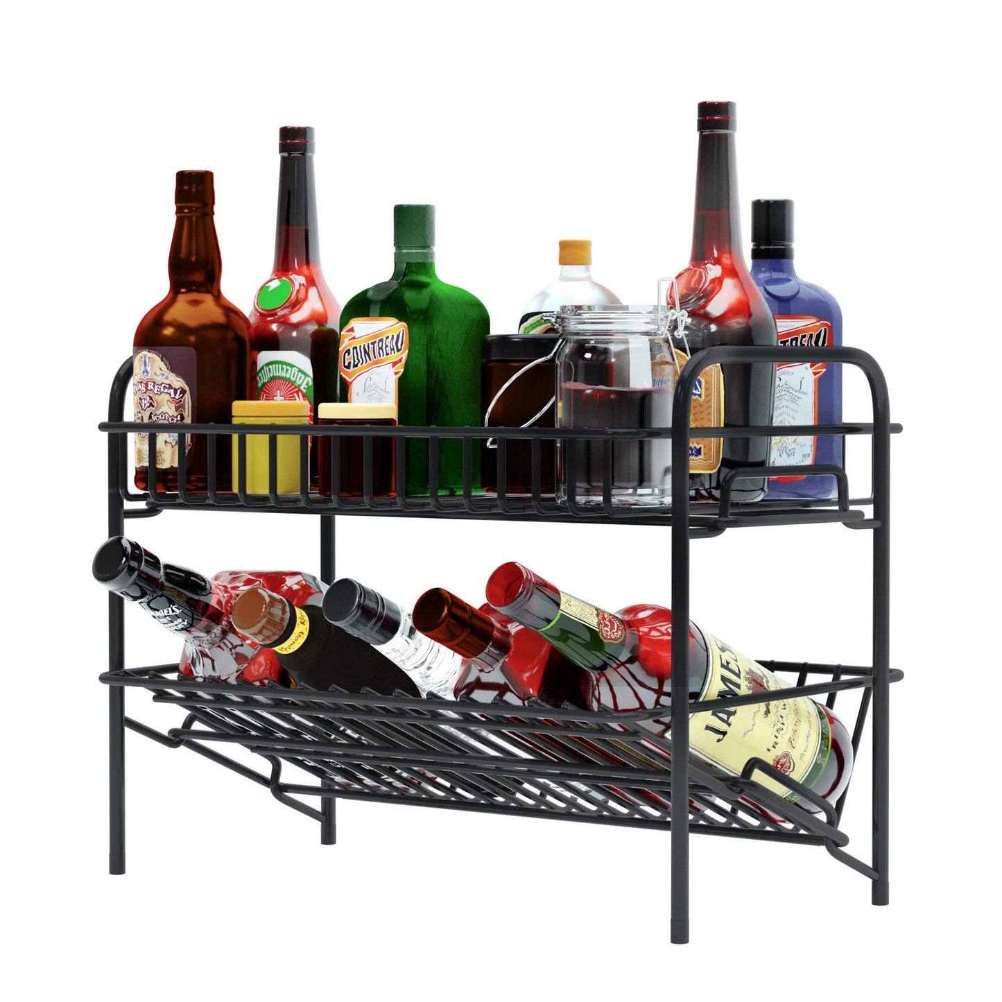 HengLiSam Spice Rack Organizer for Countertop, Heavy Duty Full Solid Metal Kitchen Shelves, 2 Tier Liquor Shelves Freestanding Holder Storage for Kitchen Cabinet Pantry Bottle Rack for Bathroom, Black