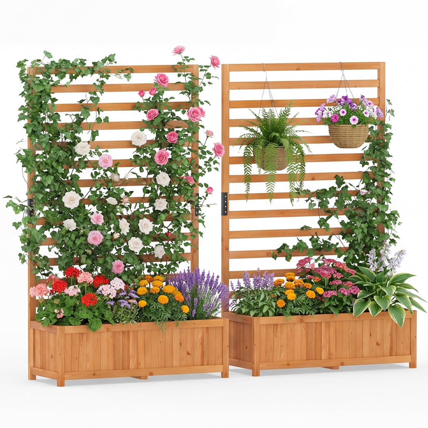 Giantex Set of 2 Raised Garden Bed with Trellis, 59” Tall Planter Box with Liner, Drainage Gaps for Climbing Vine Vegetable Flower, Indoor Outdoor Freestanding Privacy Screen for Porch Patio Yard