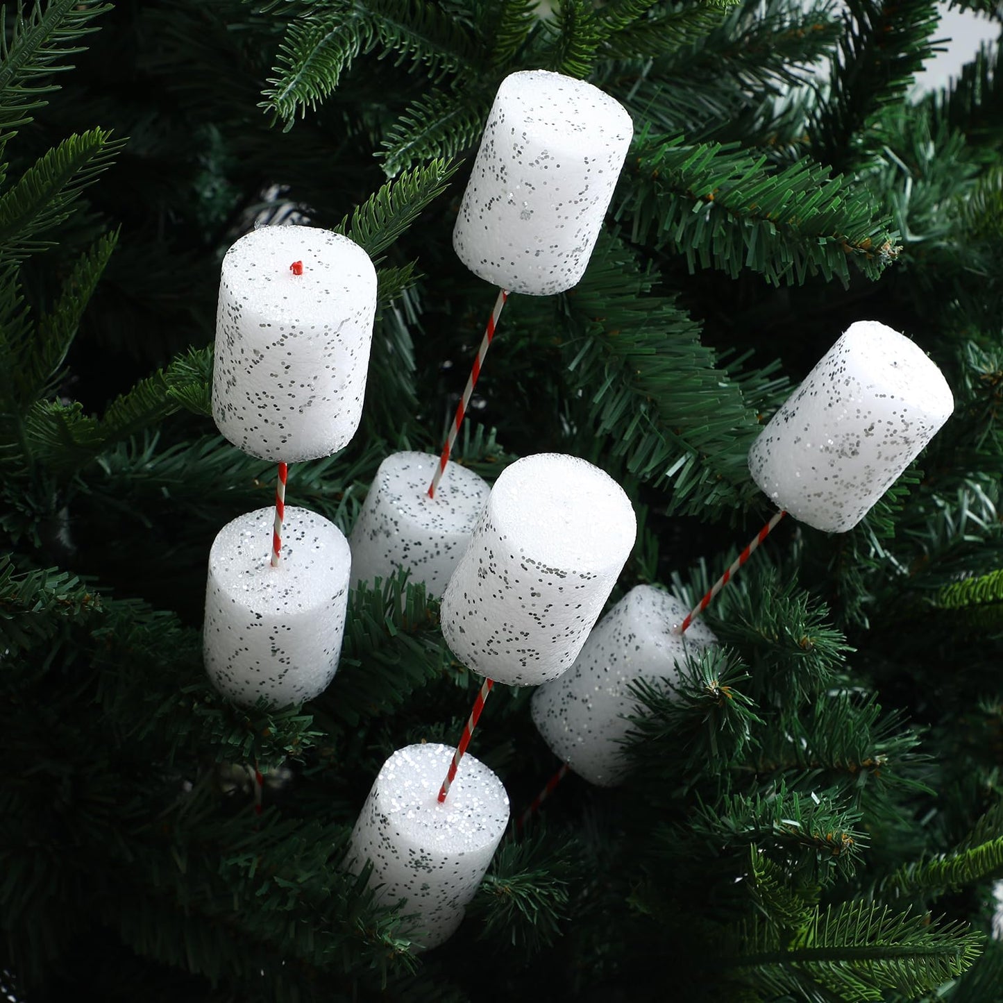 Suncalla 12 Pcs 13 Inch Marshmallow Christmas Tree Picks Decoration Red and White Glitter Marshmallow Candy Christmas Tree Picks Topper Ornaments for Xmas Holiday Vase Filler Craft Wreath Home