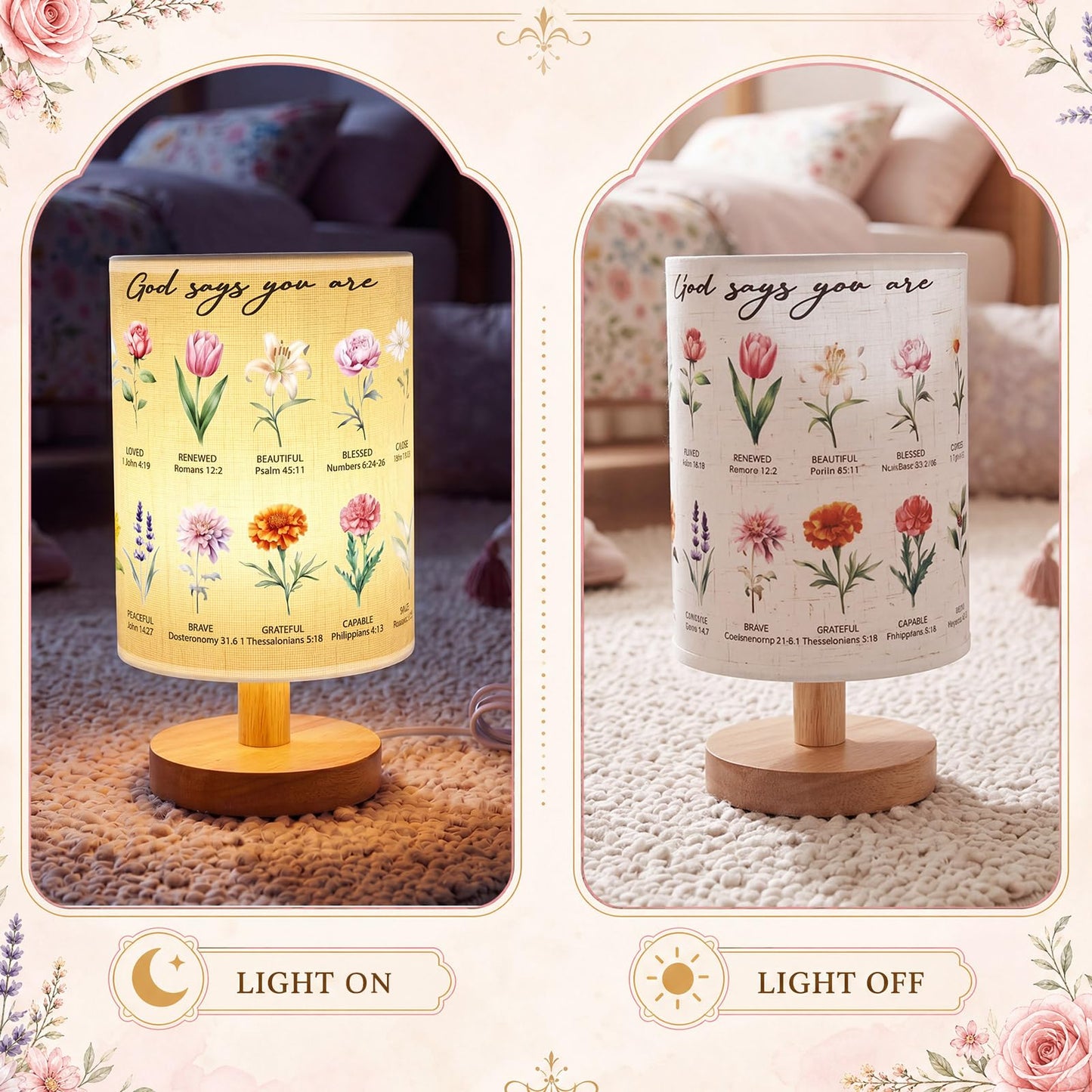 Gerrii Christian Gifts for Women Floral Table Lamp with Bible Verses, 9.6" Small Boho Bedside Lamp with Wooden Base, Religious Room Decor for Mom Friends Birthday Christmas