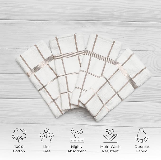 100% Cotton Terry Dish Towels, 4 Pack Checks, 16 x26 Inches, Super Soft and