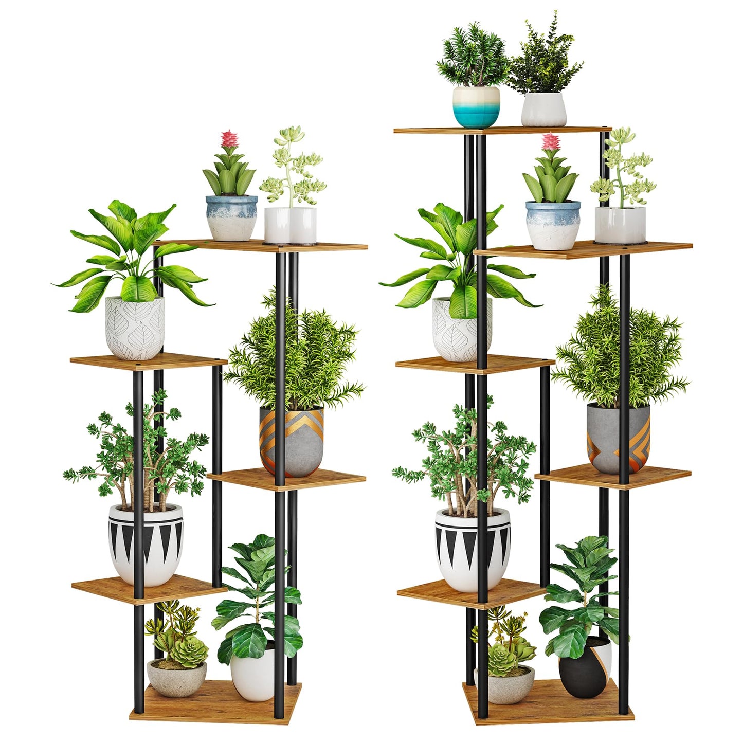 HAYOFAMY 5 Tier Plant Stand Indoor, Tall Plant Shelf Metal Wood Multiple, Flower Pot Holder for Living Room Office Balcony Patio, Rustic Brown