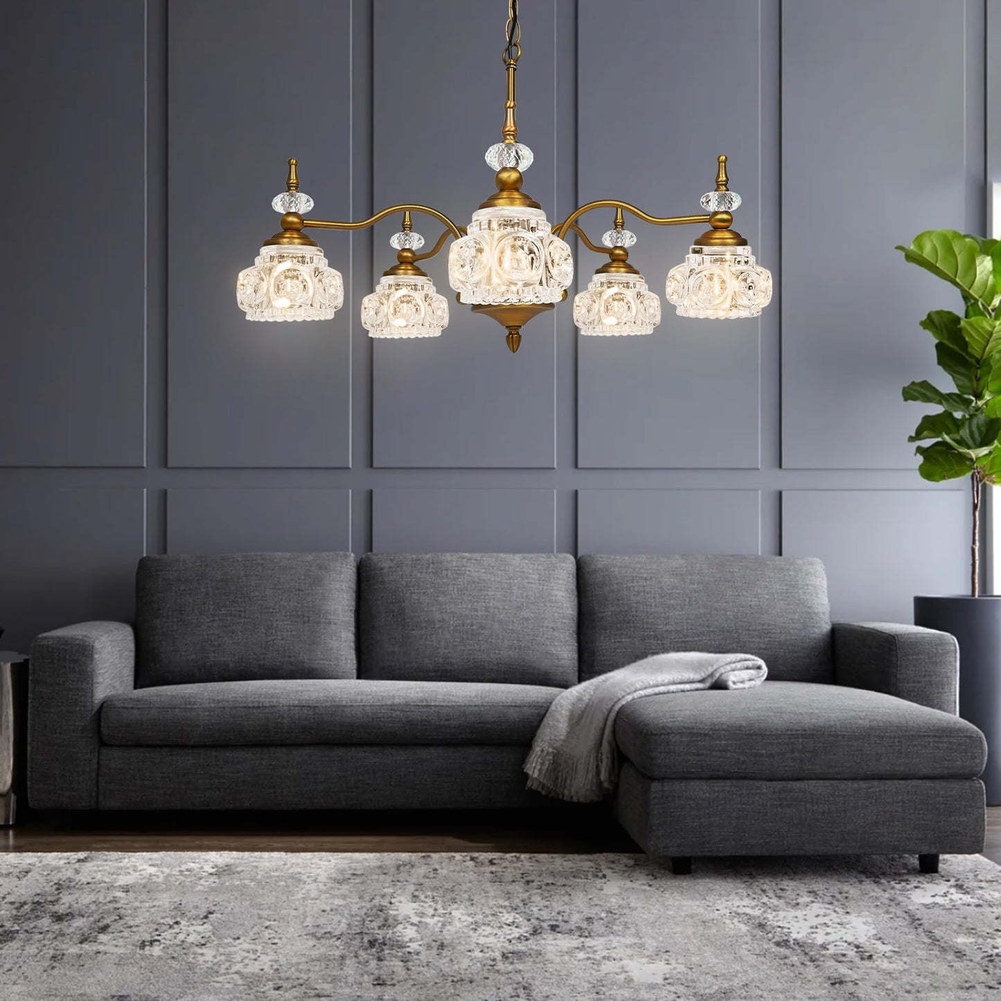 Montex Brass Pendant Light Fixture, Gold Vintage Chandelier Light Fixture 5 Lights, Include 6 Light Bulbs Glass Pendant Light Crystal Hanging Light