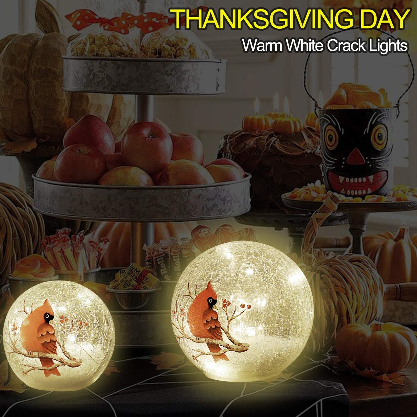 Crackle Glass Cardinal Lamp Battery Operated Globe Lamp for Women Stylish Cardinal Decor Ornaments Red Bird Pattern Stained Glass Mother's Day Gifts 2 Pack (6in & 5 in) (No Timer)