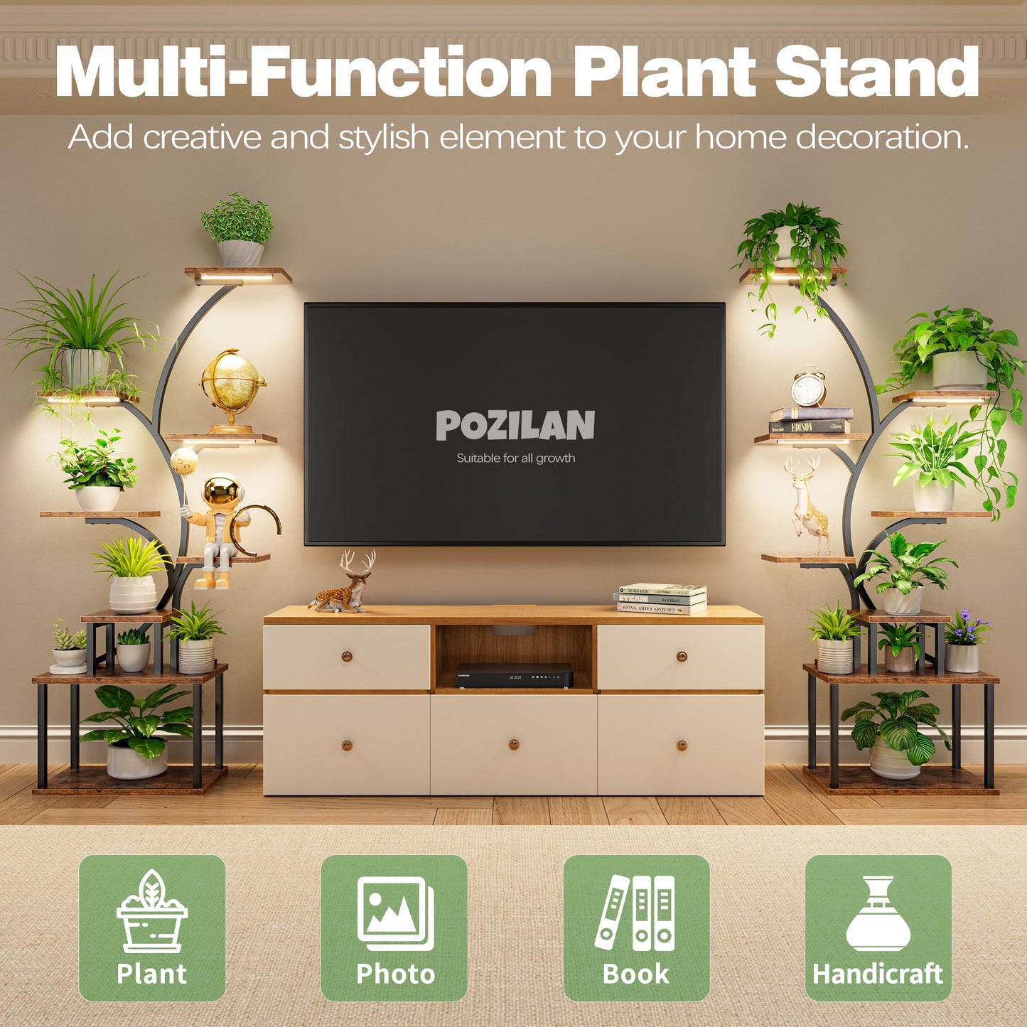 POZILAN Plant Stand Indoor with Grow Lights, 8 Tiered Tall Plant Shelf for Indoor Multiple Plants, Metal Large Flower Holder Display Rack for Living Room, Garden, Patio