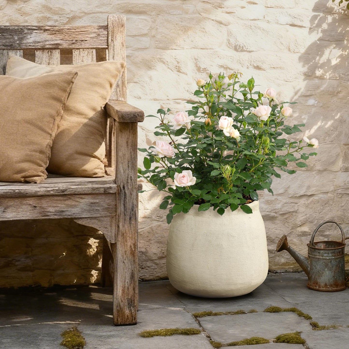 LuxenHome 12" Dia Cement Round Plant Pot, Beige Large Flower Pot with Drainage Hole, Rustic Decorative Planter Pots Indoor Outdoor for Home Garden Patio