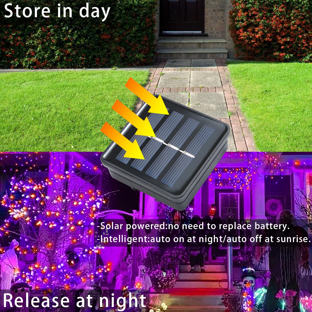 YAOZHOU Halloween Decorations Outdoor Lights, Solar String Lights Purple Orange IP67 Waterproof 2 Pack Total 200 LED 66FT 8 Modes Fairy Lights, Outside Fall Decor for Tree, Garden, Patio, Fence, Lawn