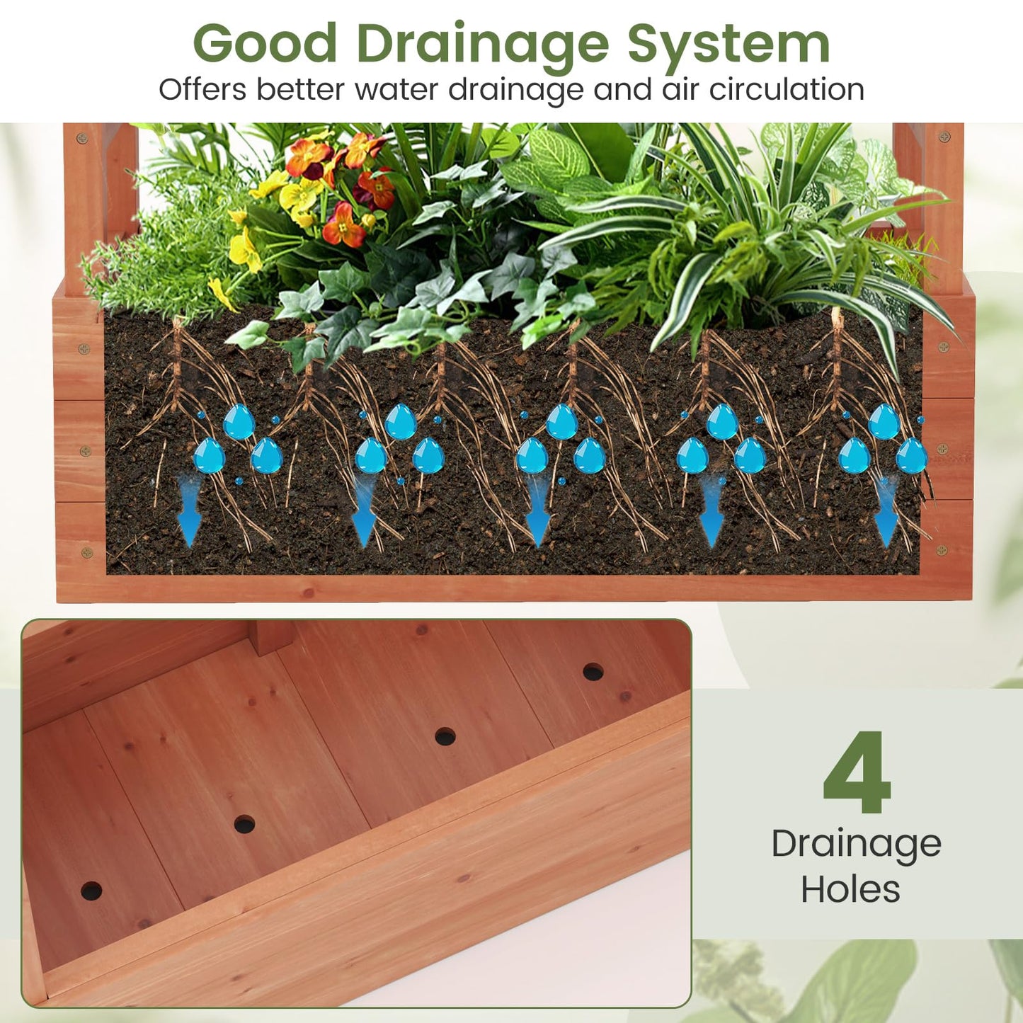 Giantex Set of 2 Raised Garden Bed with 2-Sided Trellis & Hanging Roof, Fir Wood Planter Box w/Drainage Holes, Freestanding Garden Planter for Flowers Herbs Climbing Vines (43"x15"x45")