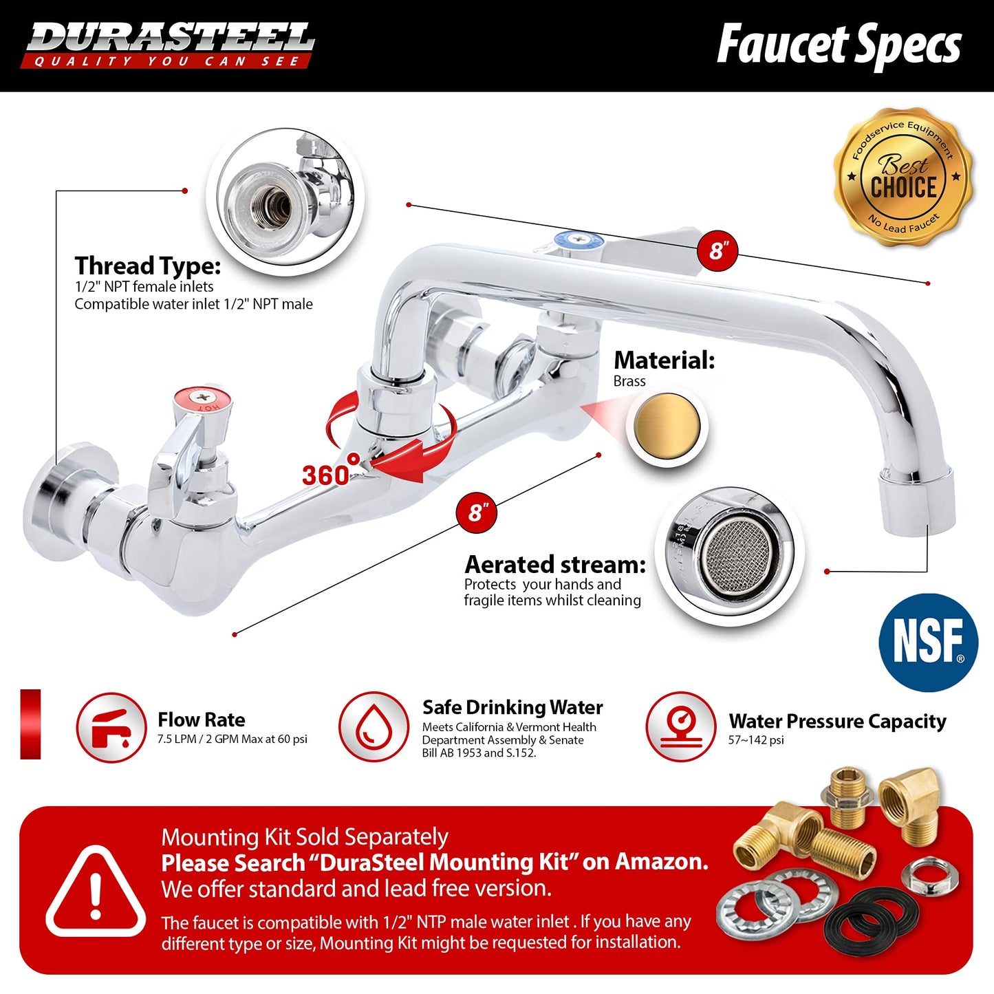 DuraSteel 304 Commercial Stainless Steel Utility Sink - 18 Inch Tub Freestanding Prep Kitchen Sink w/ Faucet - NSF Hand Wash Station for Kitchen Sinks, Outdoor, Laundry Room, Garage Small Kitchenette