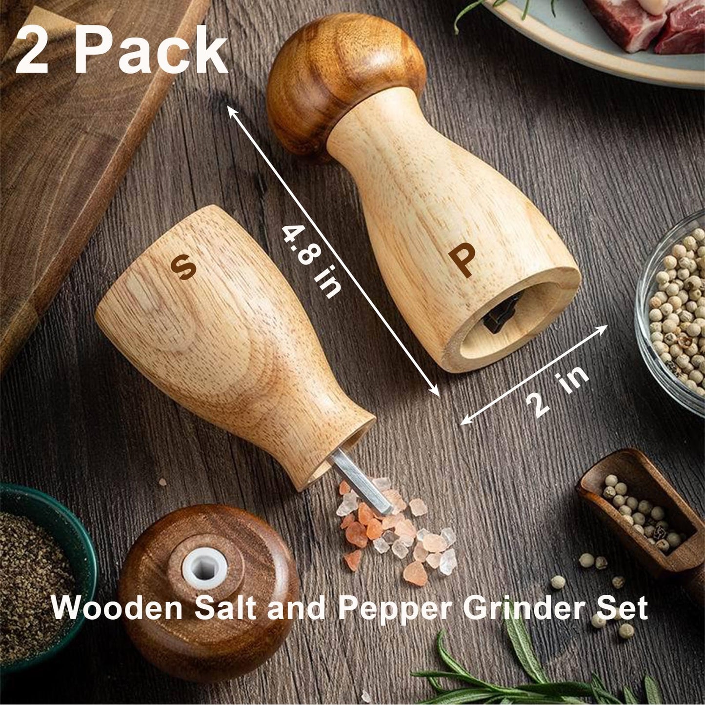 Wooden Salt and Pepper Grinder Set 2 Pack, Manual Pepper Mill Grinder Set, Adjustable Ceramic Pepper Mill, Wood Salt and Pepper Shakers Set - 4.8 Inches
