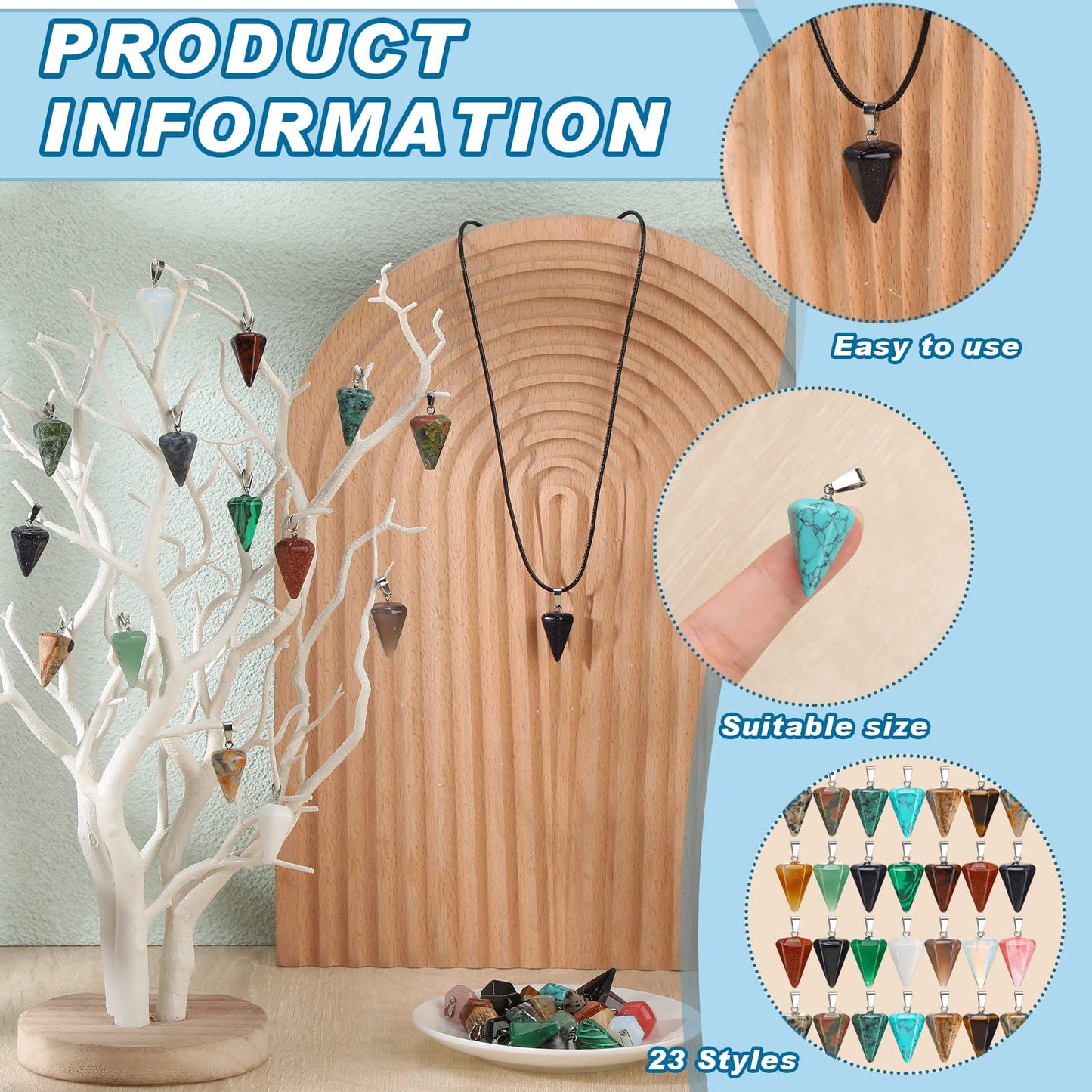 Fumete 50 Pieces Cone Pendulum Crystal Pendants Healing Stone Charms for Jewelry Making DIY Necklace Divination Witchcraft Accessories, 25 Colors