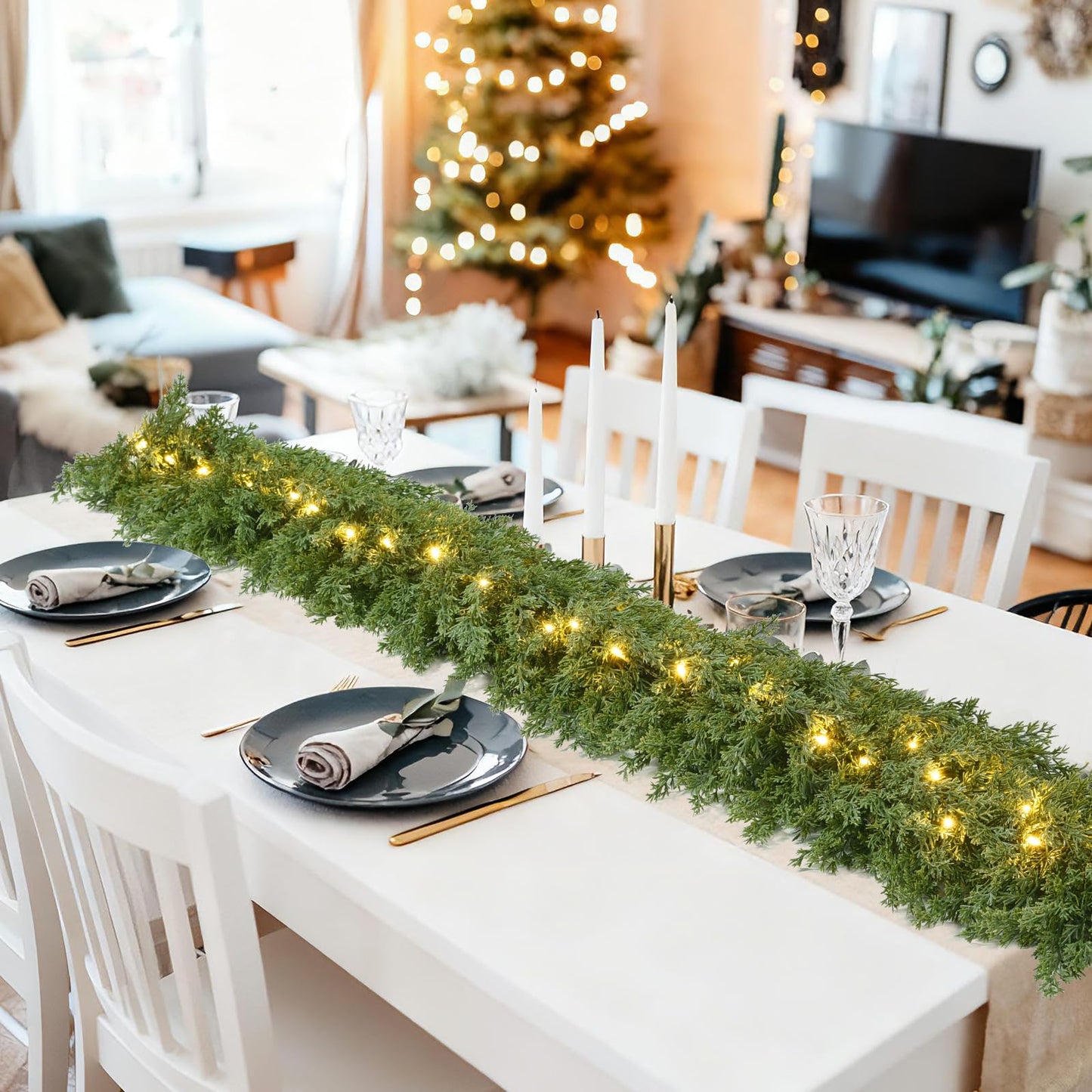 Lvydec Lighted Christmas Pine Garland Decoration, 6ft Realistic Cedar Cypress Garlands Christmas Greenery Garland with Lights for Holiday Mantel Fireplace Table Centerpiece (6ft)