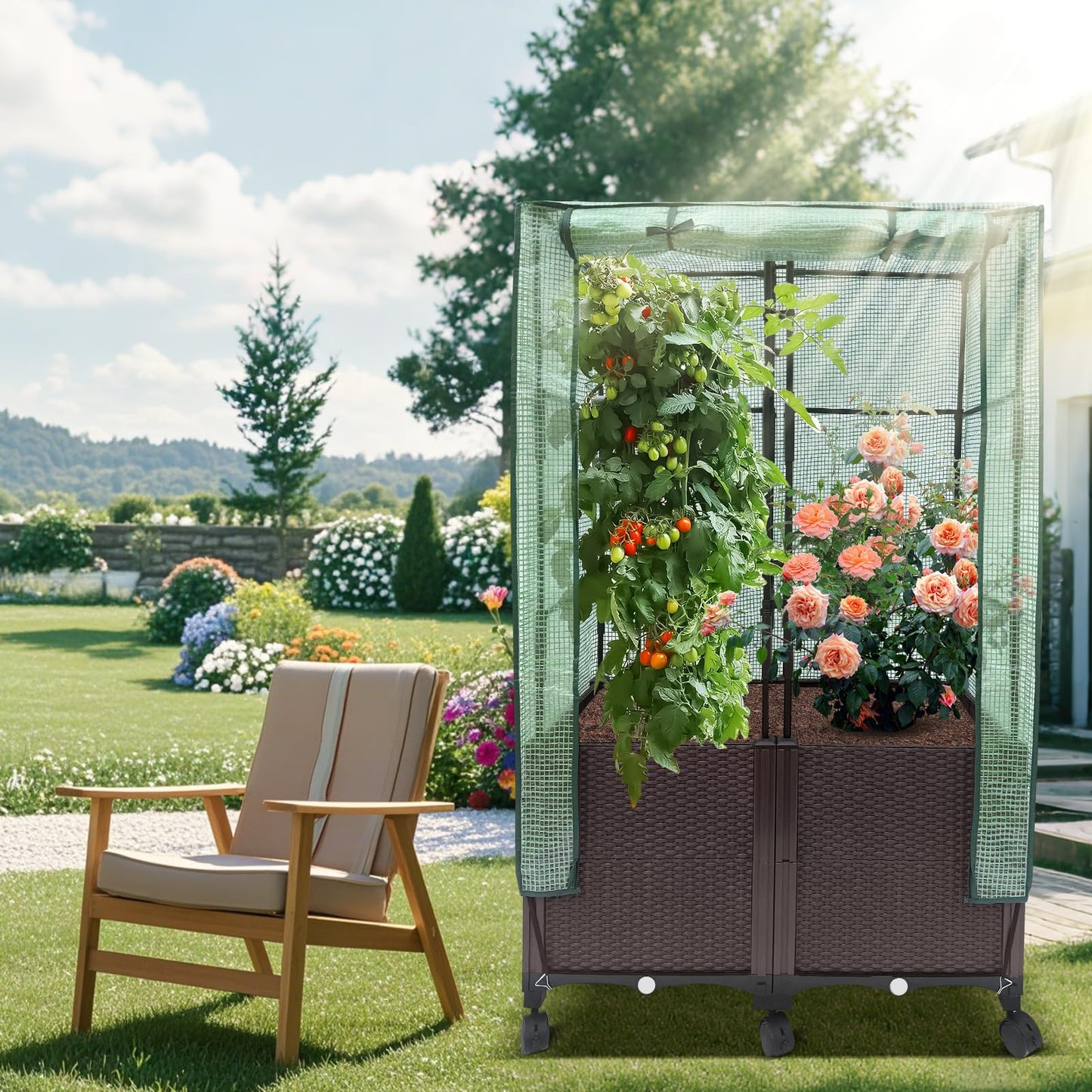 MAYOLIAH 3-in-1 Raised Garden Bed Large Planter Box with Trellis & Cover on Wheels Plastic Tomato Planter with Greenhouse for Deep Rooted & Climbing Plants 31.5x15.7x53-inch Brown
