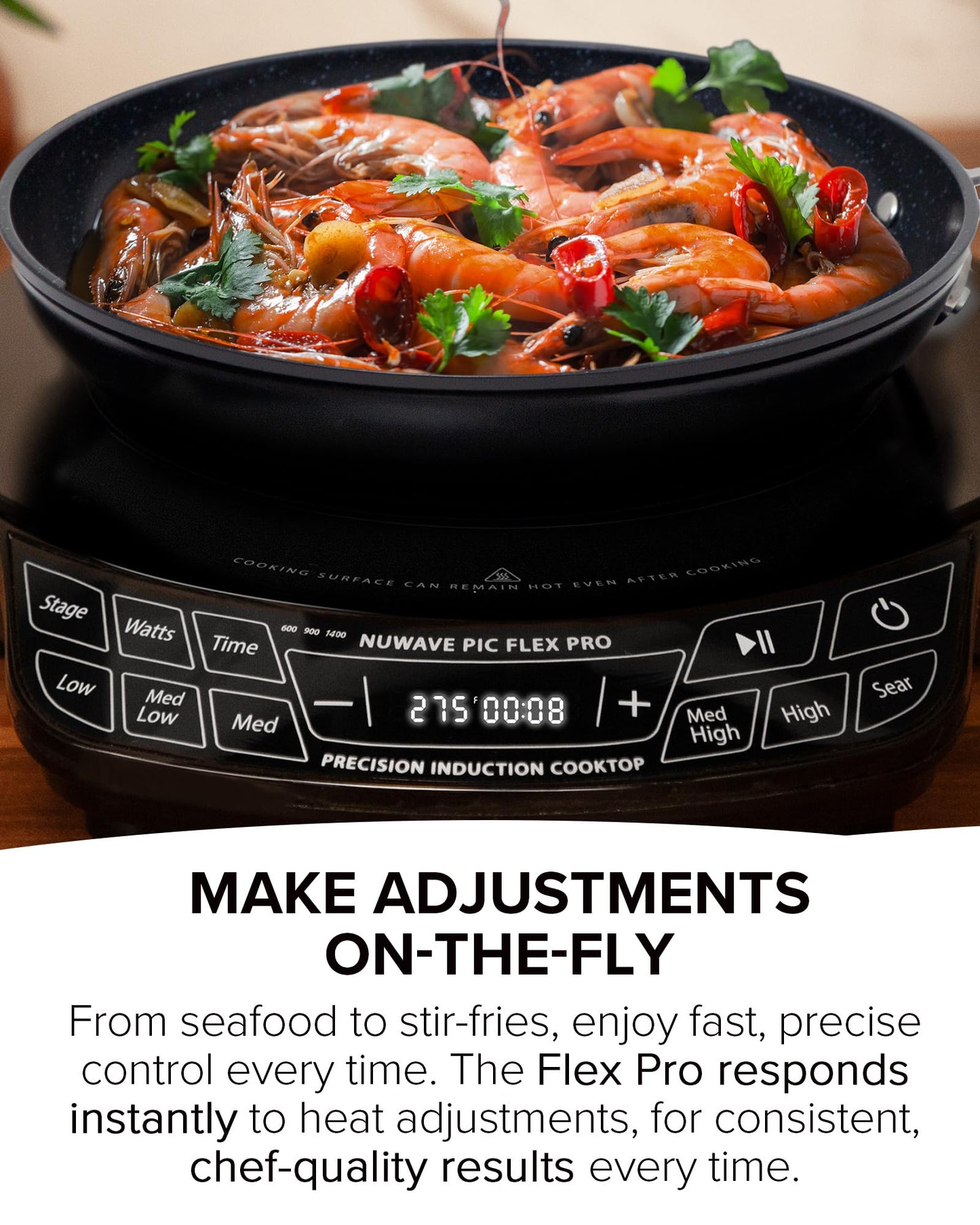 Nuwave Flex Pro 10.25” Precision Induction Cooktop with IMD Touch Display, LED, Shatter-Resistant Glass, 81 Temps (100°–500°F), 3 Wattages (600/900/1400W), Auto Shutoff, Portable Design, 30503V01