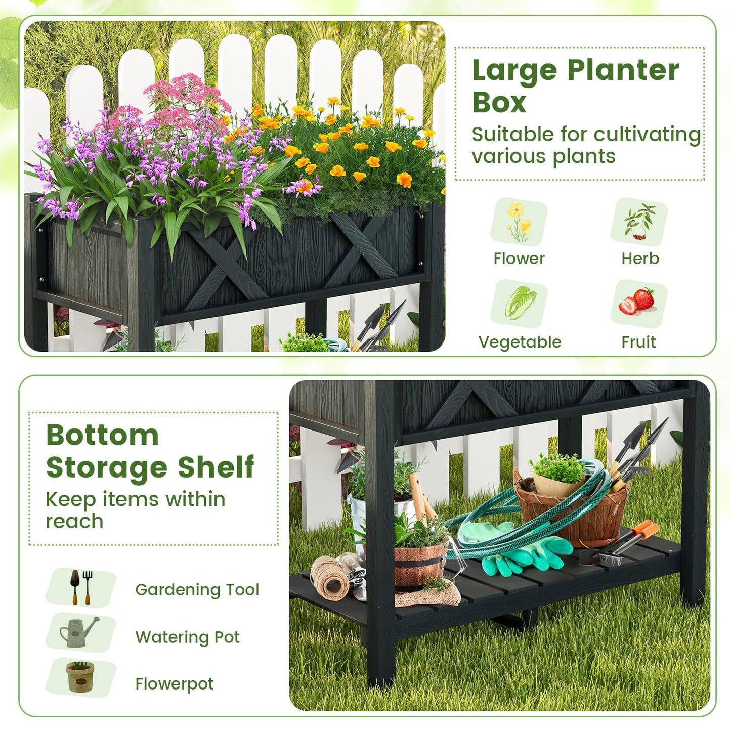 Giantex HIPS Raised Garden Bed, Elevated Planter Box w/Legs, Storage Shelf, Drainage Holes, Weather-Proof Standing Raised Beds for Backyard Balcony Flower Vegetable (Black, 34" x 18" x 29")