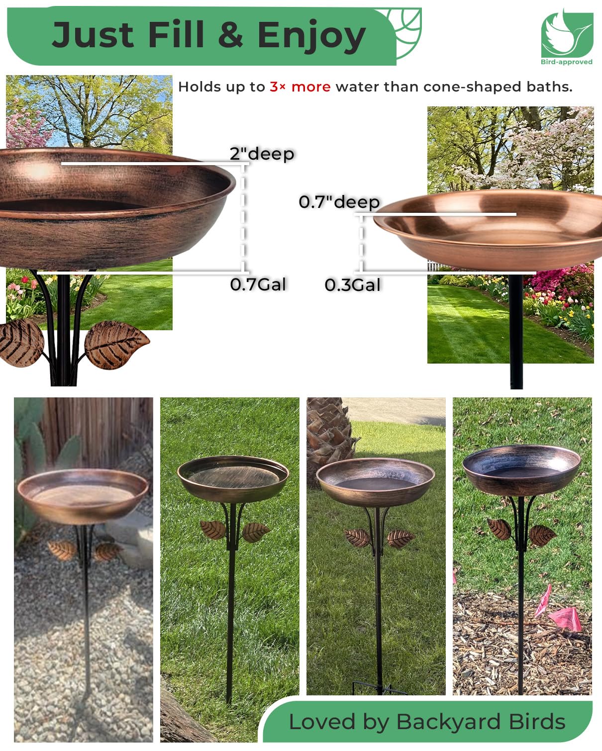 OUISJYER Metal Bird Bath for Outdoors, 12" Dia Bowl with Stable Upgrades Stake Birdbaths Garden Yard Lawn Decor 0.7 Gallon