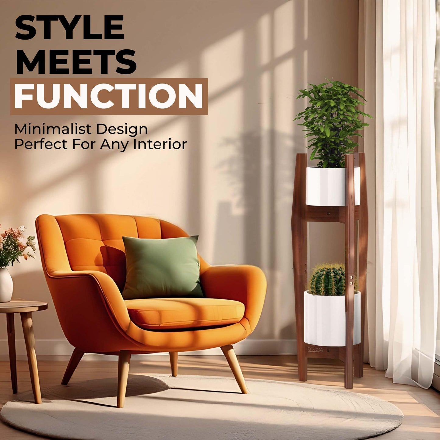 ROCCA 2-Tier Tall Plant Stand Indoor – Adjustable Bamboo Plant Stand (8–12”), Wooden Corner Pedestal for Multiple Pots, Modern Space-Saving Design