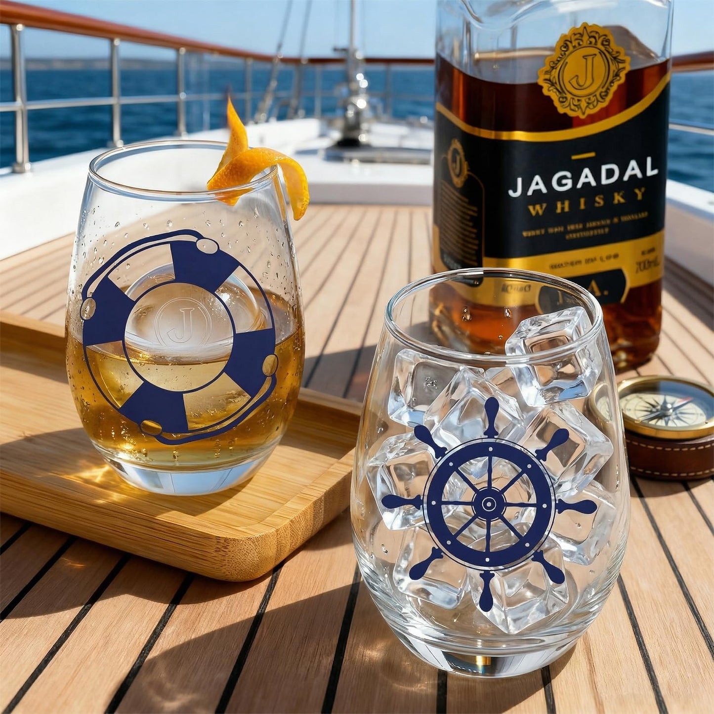 Nautical Stemless Wine Glasses Set of 4, Nautical Decor for Boaters, Sailors Birthday Gift, Anchor Compass Life Ring Helm Beach House Glasses 15oz, Coastal Ocean Marine Glasses for Wine or Cocktail