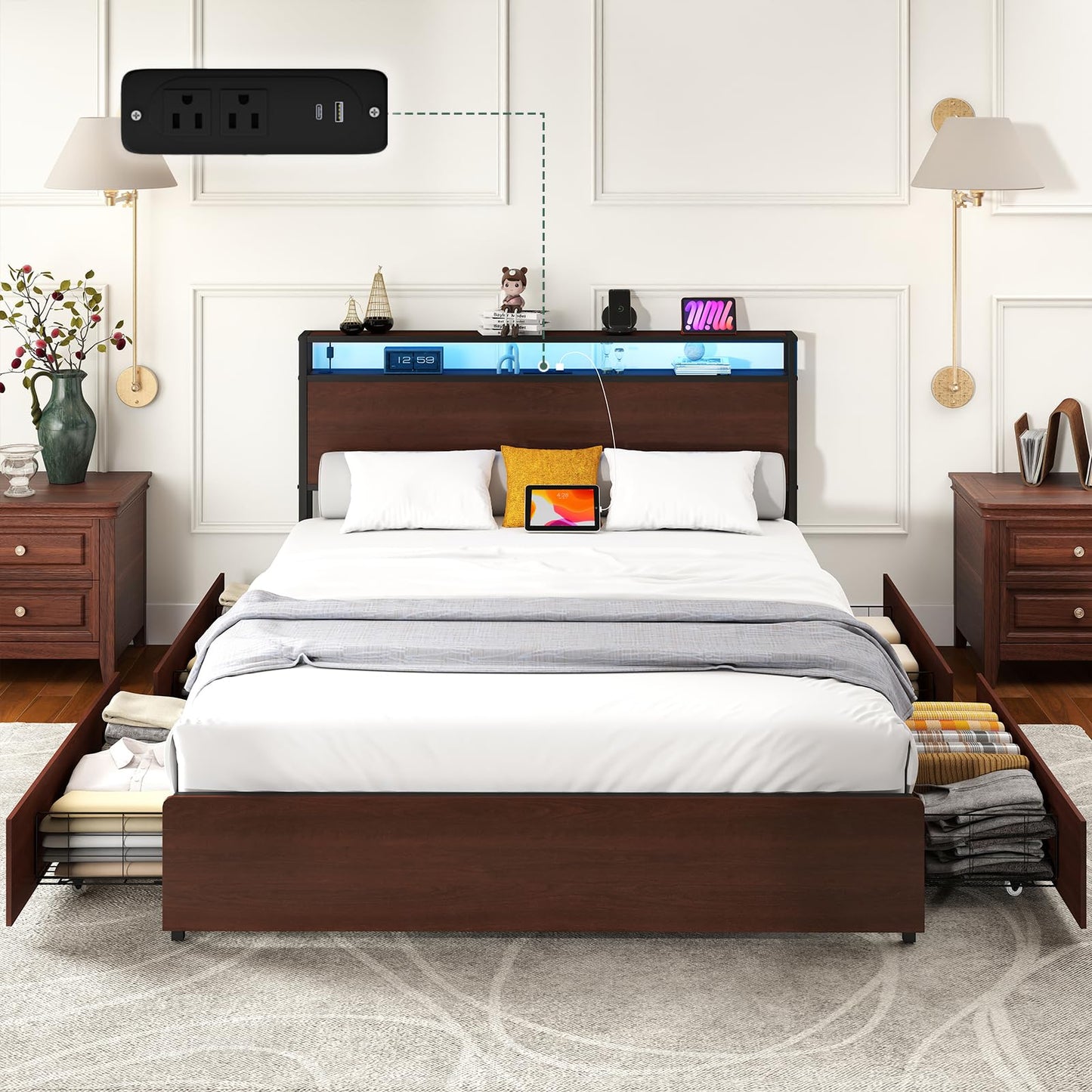 Zevemomo Full Size Bed Frame with 4 Storage Drawers, Full Platform Bed Frames with 2 Tier Storage Headboard, Charging Station, Adjustable LED Light, Noise-Free, No Box Spring Required, Reddish Brown