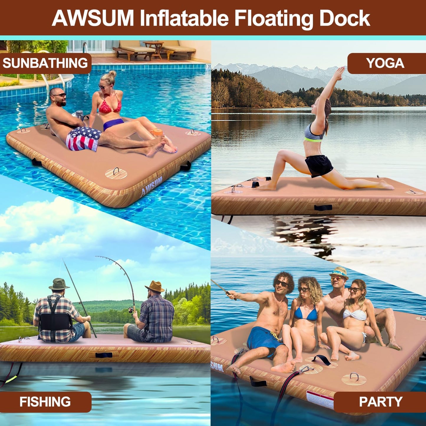 AWSUM Inflatable Floating Dock 8ft x 6ft Air Water Mat Inflatable Island Swim Platform with Non-Slip Wood Surface for Pool Beach Ocean Lake