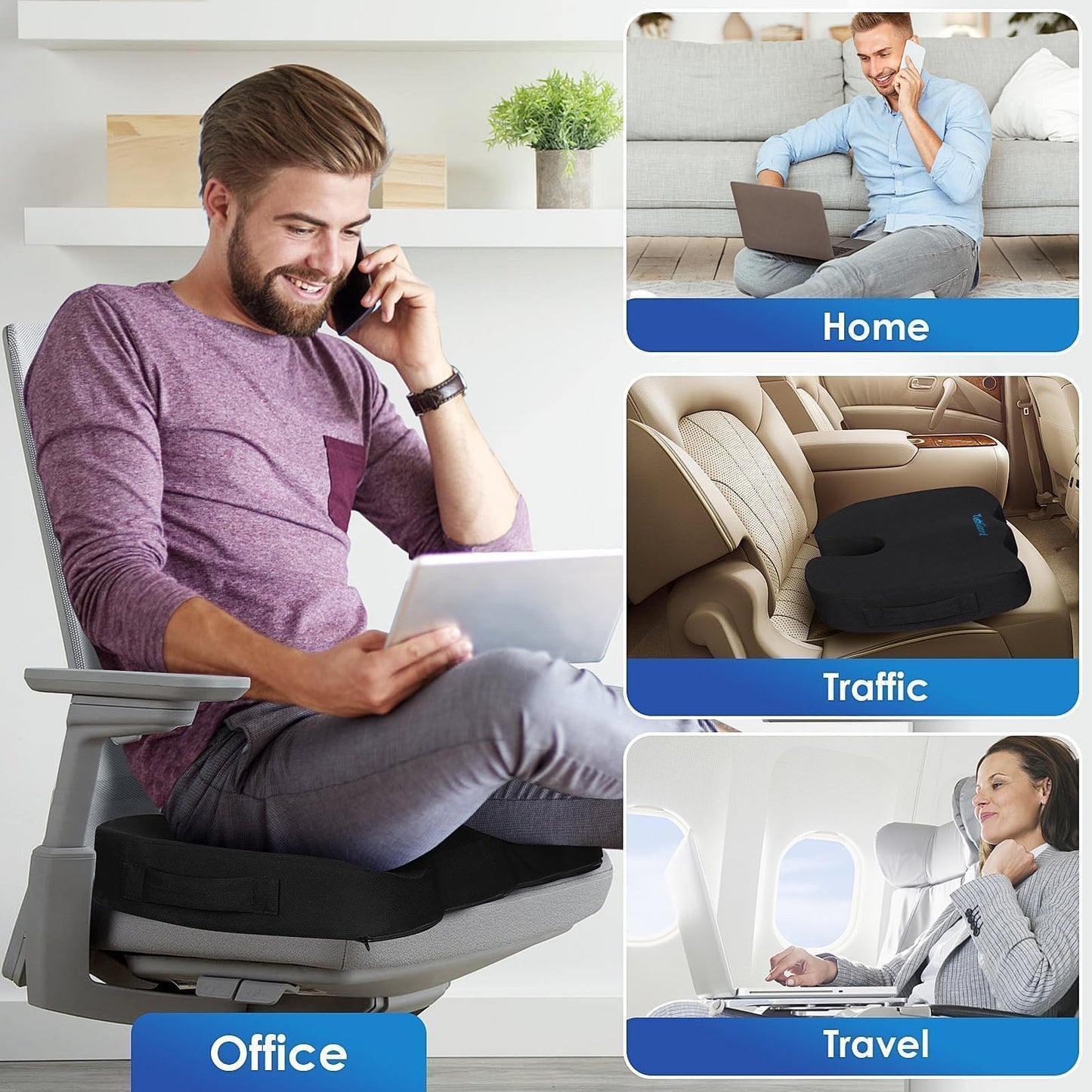 TushGuard Seat Cushion for Office Chair Memory Foam Non-Slip Desk Seat Cushion Back, Coccyx, Sciatica, Tailbone Pain Relief Butt Pillow for Office Chair, Car, Wheelchair, Black