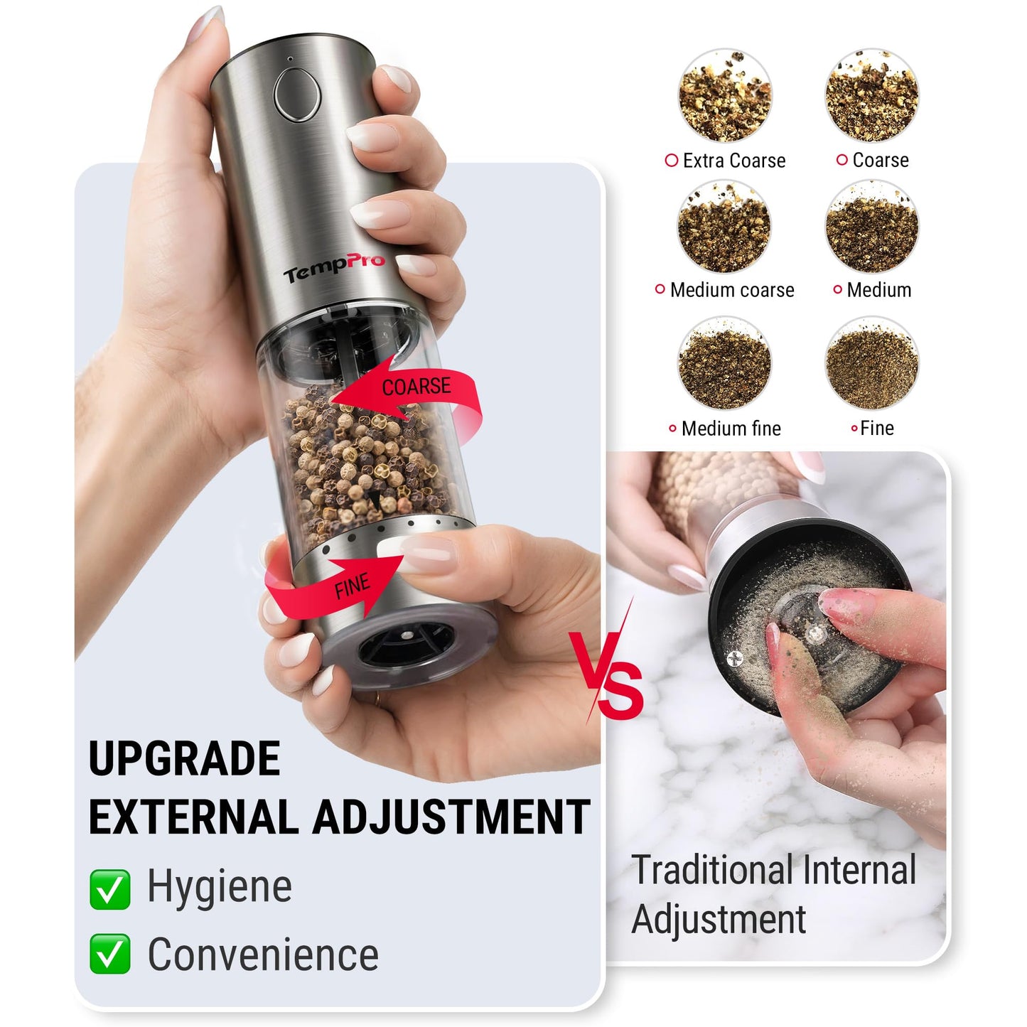 TempPro 100ml Electric Salt and Pepper Grinder Set Rechargeable, Automatic Pepper Grinder Shakers with External Adjust, Refillable Pepper Mill, Gift for Him Dad Father(Previously ThermoPro)