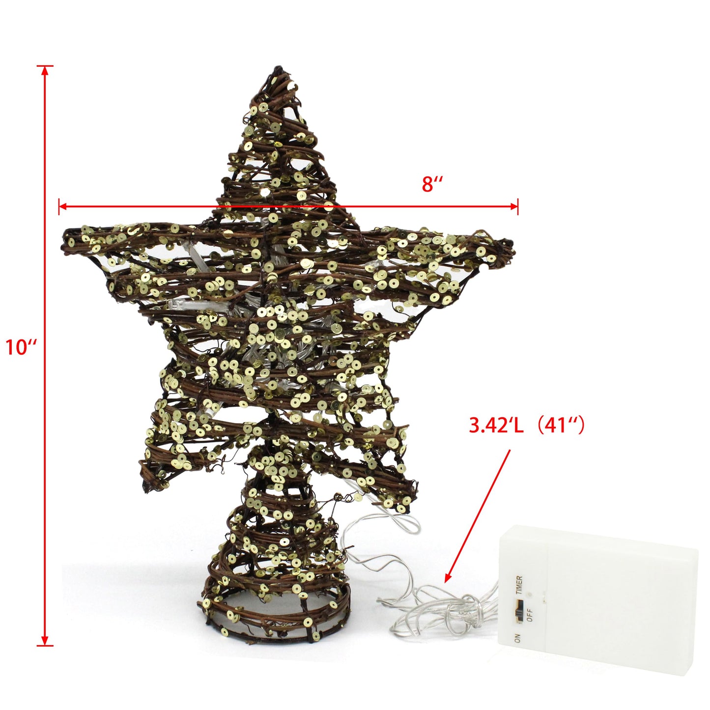 CVHOMEDECO. Rattan Star Christmas Tree Topper with LED Lights, Rustic Farmhouse Style Tree Toppers Ornaments, 8 x 10 Inch