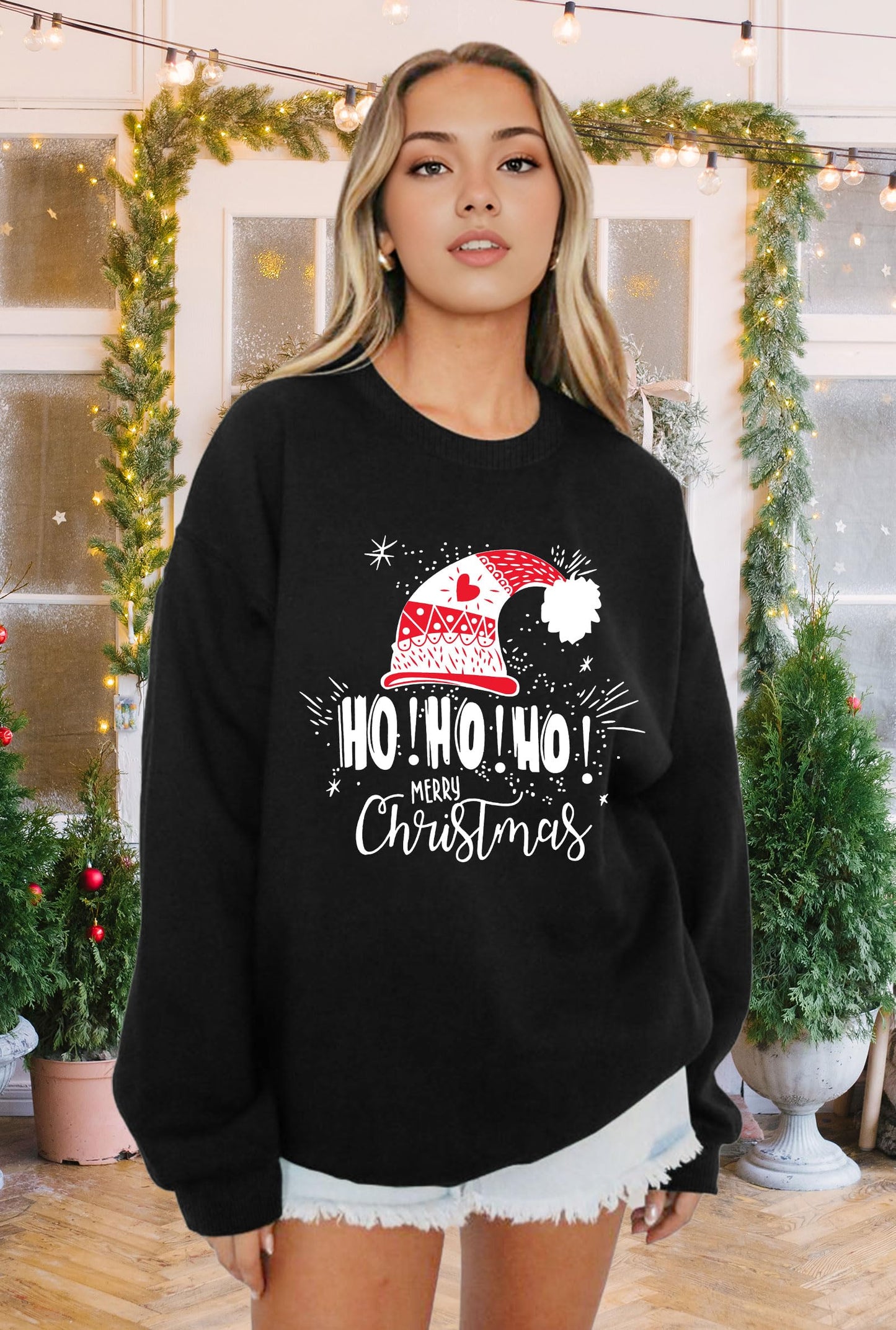 LHBNK Christmas Sweatshirts Women HoHoHo Christmas Sweatshirt Funny Santa Graphic Xmas Oversized Pullover Tops Black