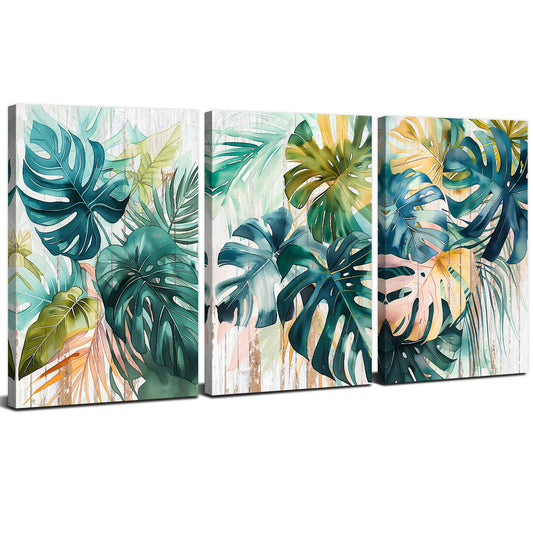 Tropical Wall Art Monstera Leaf Pictures Wall Decor for Bathroom Abstract Watercolor Sage Green Palm Leaves Paintings Botanical Canvas Prints Posters Artwork Home Living Room Decoration 12x16" 3Pcs