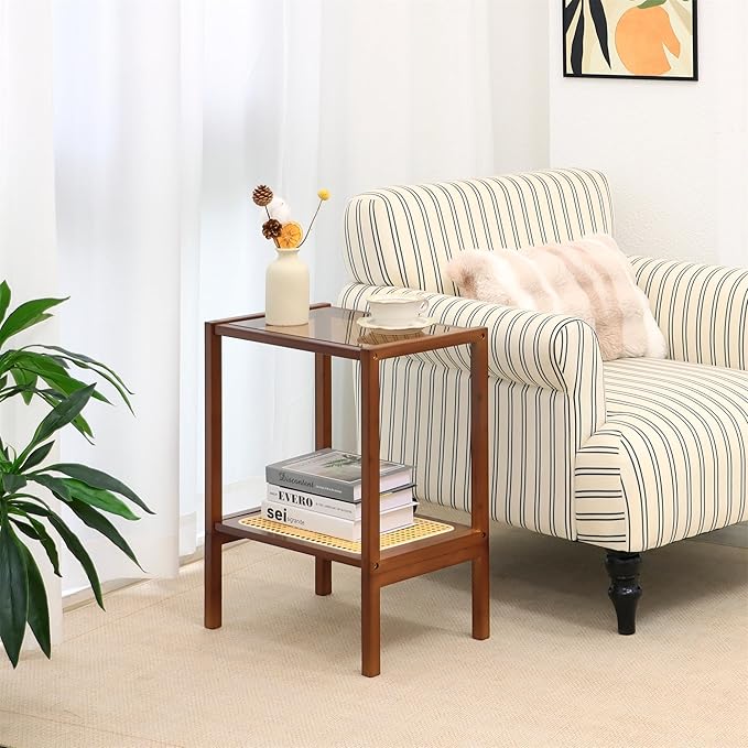 2-Tier Bamboo Side Table, Modern Glasstop Rattan Side Table, Mid Century Wood