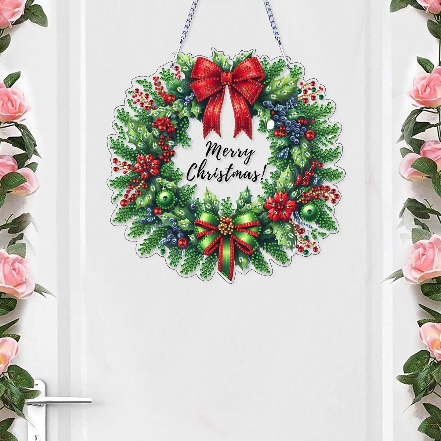 VODAPYC Christmas Wreath Diamond Art Hanging Kit for Adults, DIY Double Sided Special Shaped Diamonds Art Window Pendant Ornament for Home Decor(Christmas Wreath-1)