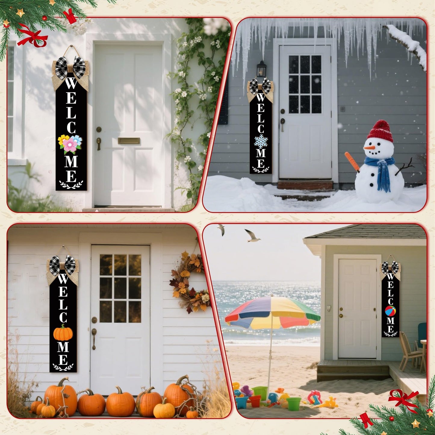Sintuff Holiday Interchangeable Welcome Sign for Front Door Wood Porch Sign with 24 Pcs Seasonal Icons Home Farmhouse Holiday Welcome Outdoor Festival Seasonal Decoration(Black,Large)