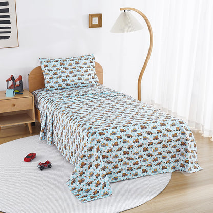 lasoftan Kids Sheet Set Twin Size, Twin Sheet Set with Grid Excavator Pattern，Breathable Silky Soft Microfiber Kids Fitted Sheet