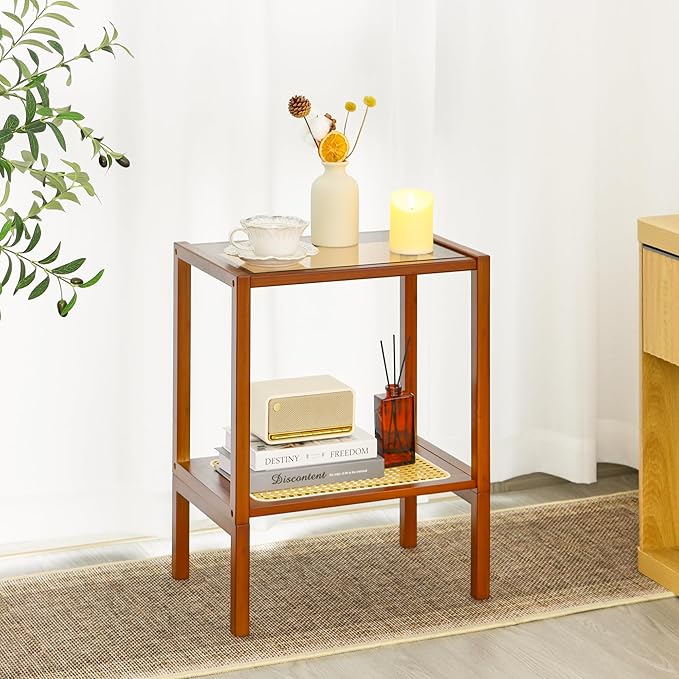 2-Tier Bamboo Side Table, Modern Glasstop Rattan Side Table, Mid Century Wood