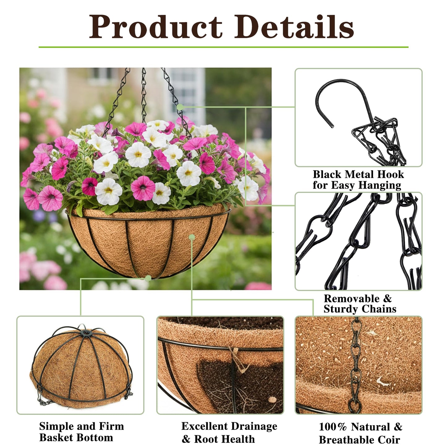 EIMQUVW Outdoor Metal Hanging Planters Basket (4pack, 14 inch) Hanging Baskets for Plants Chain Round Wire Plant Holder with Coco Fiber Liners for Garden, Patio, Deck, Porch