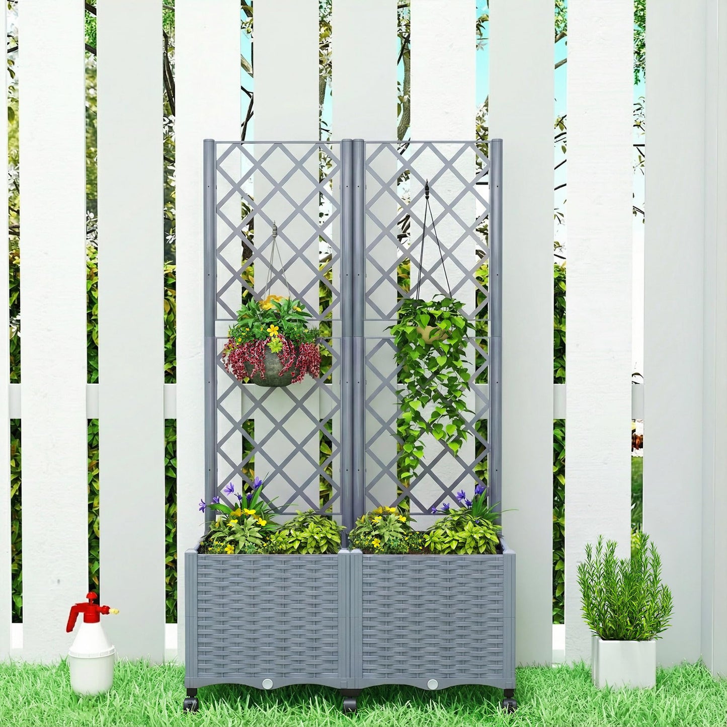 Outsunny Planter Box with Trellis, Self Watering Raised Garden Bed with Lockable Wheels, 56.3" Trellis Privacy Planter with Drainage Holes for Climbing Plants, Vines, Vegetables, Flowers, Gray