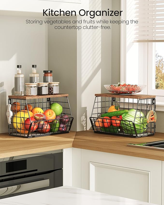 2-Tier Fruit Basket for Kitchen, Stackable Hanging Basket Wire Baskets
