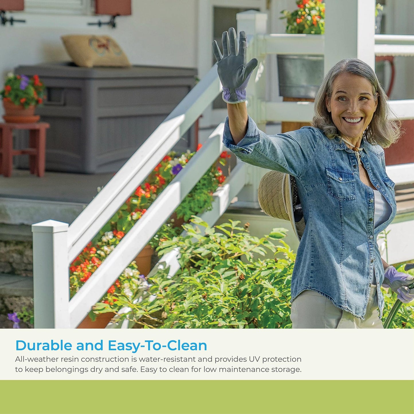 Suncast 73 Gallon Indoor/Outdoor Medium Deck Storage Box, 46"L x 23.62"W x 25.5"H, Stoney