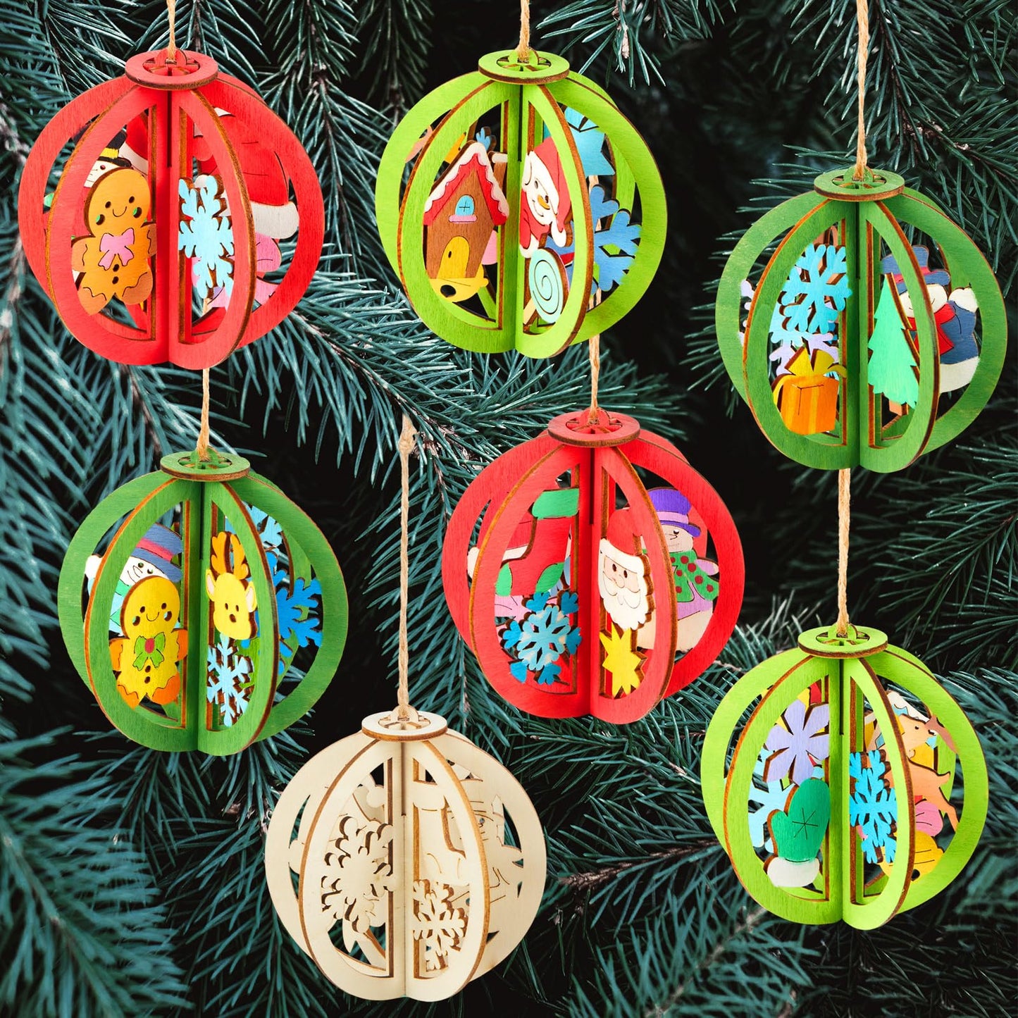 Chunful 36 Pcs DIY Christmas Wood Crafts to Paint 3D Unfinished Wooden Ornaments Christmas Hanging Cutouts Blank Hollow Wood Santa Gingerbread Snowflake Holiday Slice for Xmas Tree Decorations