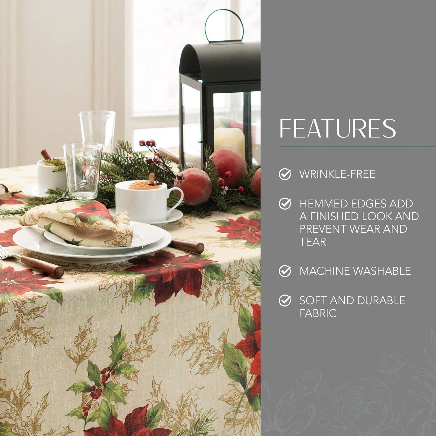 Elrene Home Fashions Festive Poinsettia Holiday Wrinkle Resistant Fabric Tablecloth, Multi, 60"x120" Rectangle