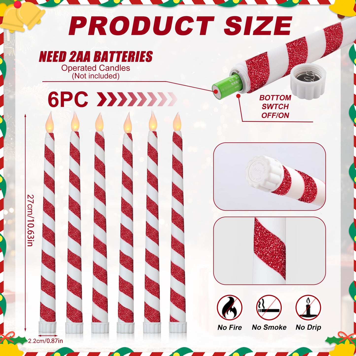 LCZLUMIPRO 6PCS Christmas Flameless Taper Candles - Candy Cane Red and White Stripes Flickering Battery Operated LED Candles for Xmas Centerpiece Holiday Party, Wedding, Winter Home Decoration