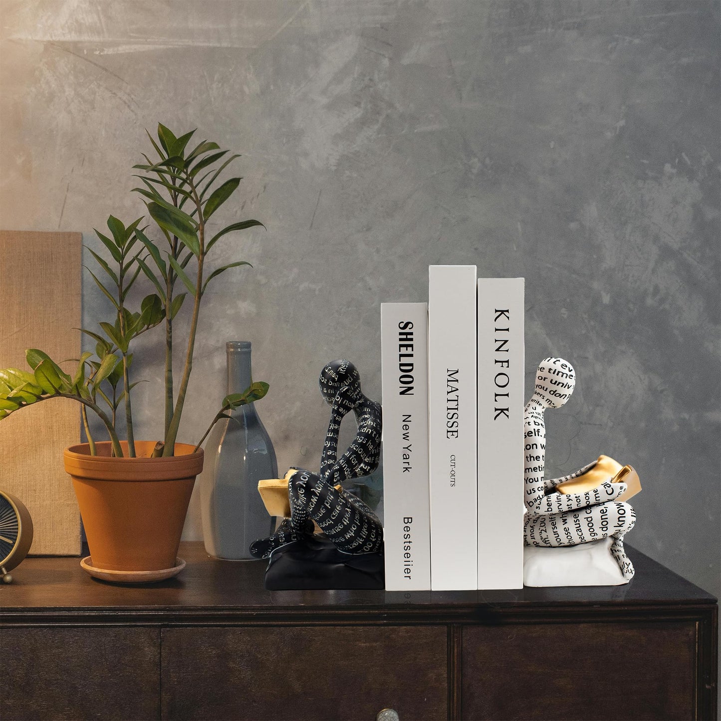 BANOMII Heavy Duty Book Ends for Shelves, Thinker Decorative Bookends for Heavy Books, Unique Book Stoppers to Hold Book, Bookshelf Accessories, Modern Home Office Decor Aesthetic Black & White