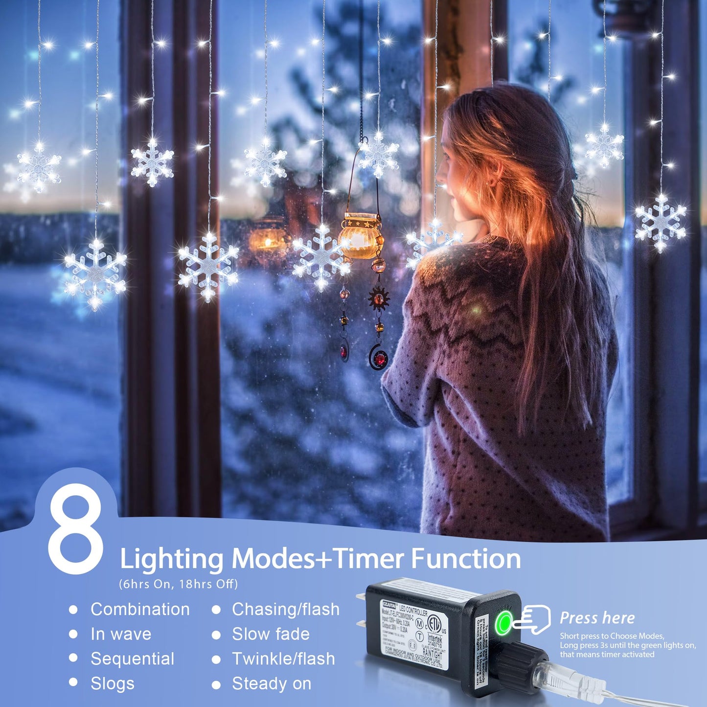 Qunlight Christmas Snowflake Icicle Lights,6.5ft 144LED Curtain Lights Outdoor with 12 Drops, 8 Modes Waterproof Connectable Fairy Light for Eaves, Garden, Yard, Indoor Outdoor Xmas Decor (White)