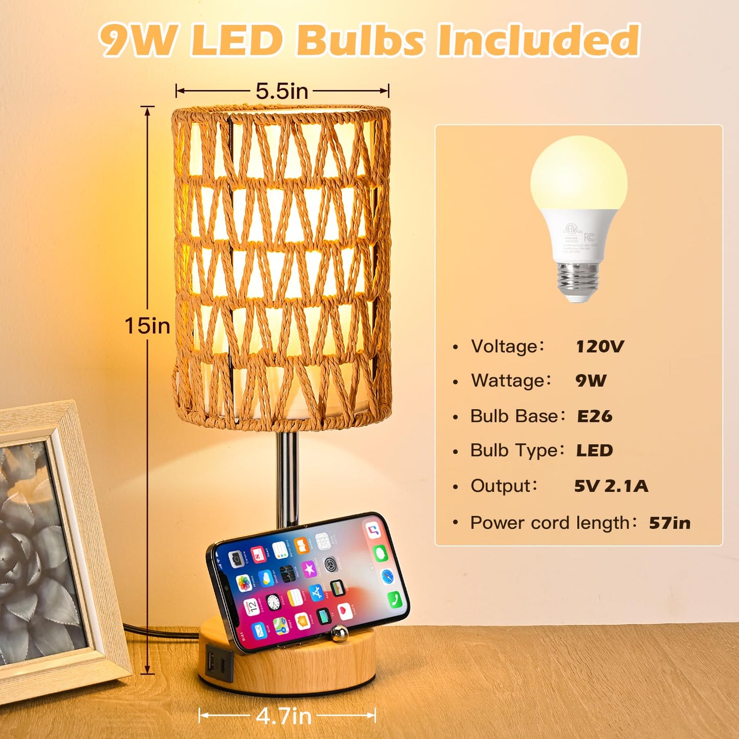 Rattan Table Lamps for Living Room, 3 Way Dimmable Touch Lamps, Small Bedside Lamps with LED Bulbs, Phone Stand, USB Ports and AC Outlet, Boho Nightstand Lamp for Bedroom Office (2 Pack Faux Wood)