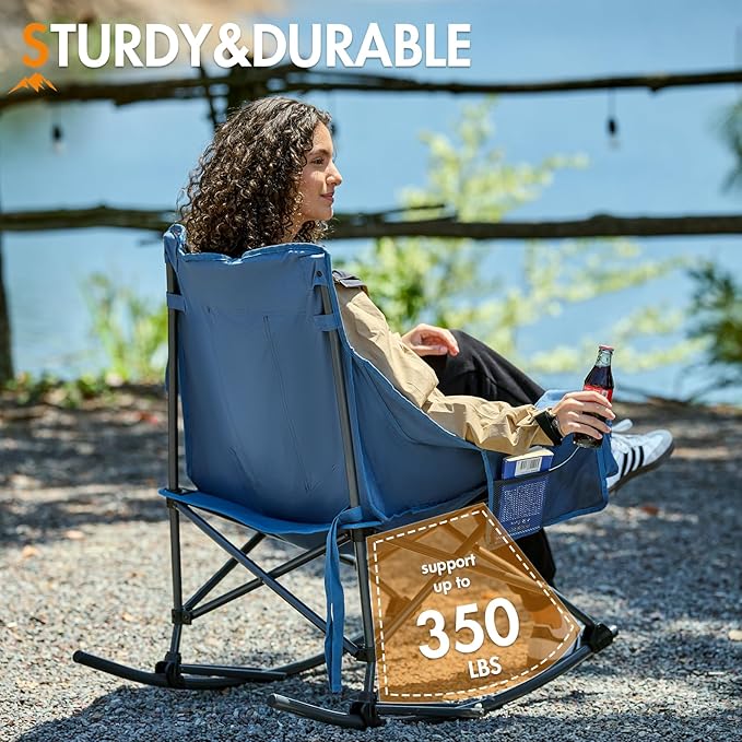 Portal Outdoor Rocking Chair Camping Folding Portable Rocker with Cup Holder Side Pocket Carry Bag, Support 350LBS, Blue