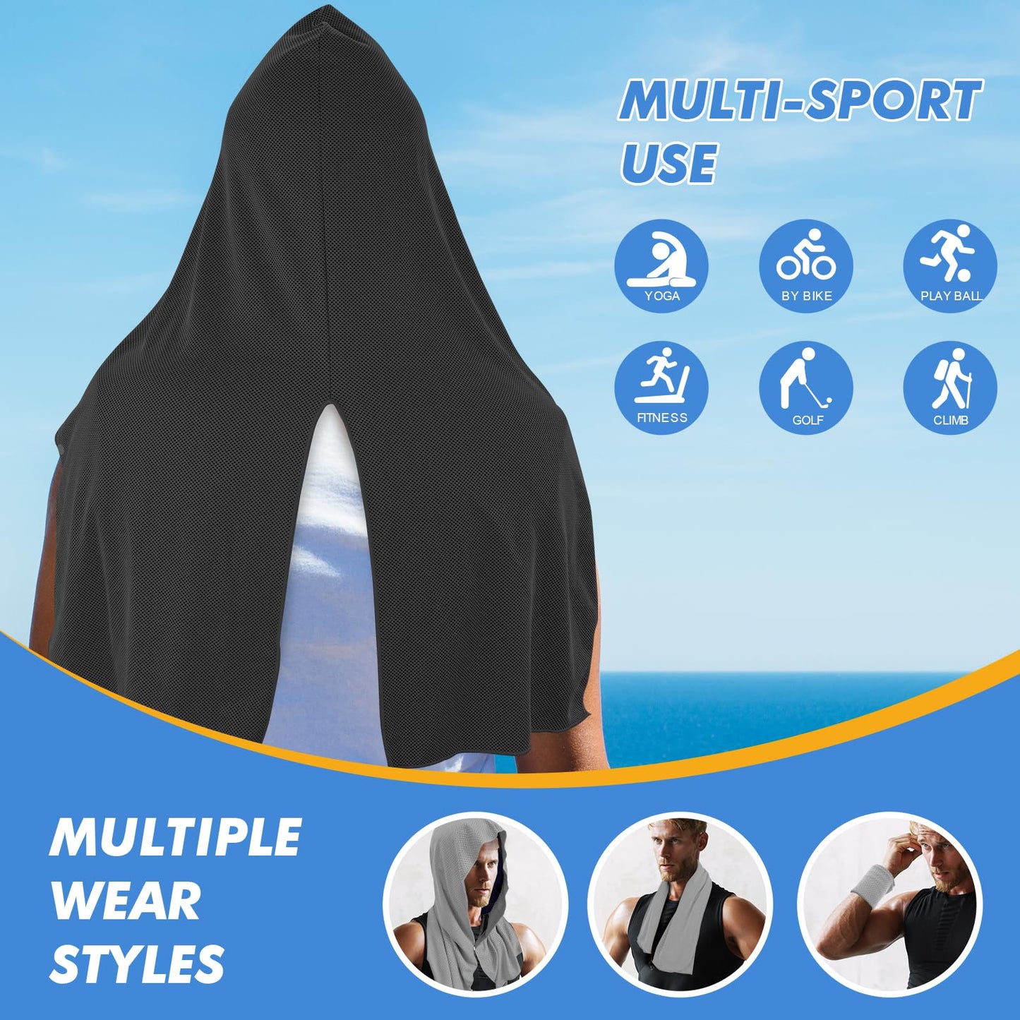 CSITE Cooling Hoodie Towels for Neck and Face, UPF 50 Sun Protection & Instant Cooling, Ice Towels for Hot Weather, Soft Breathable Towel for Sport, Work Out, Gym, Camping & More Activities（Black）